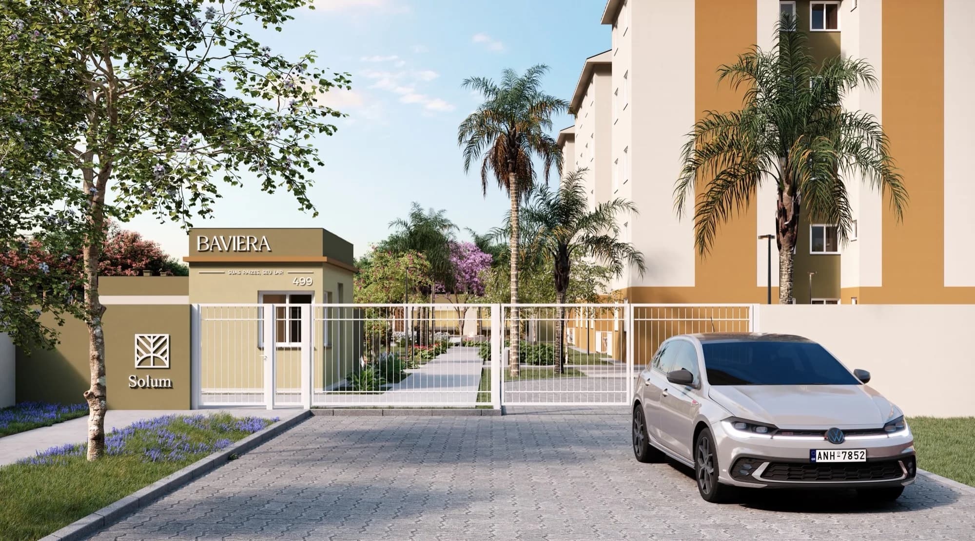 Portaria de acesso renderizada com letreiro "Baviera", grades, palmeiras e um carro estacionado em frente