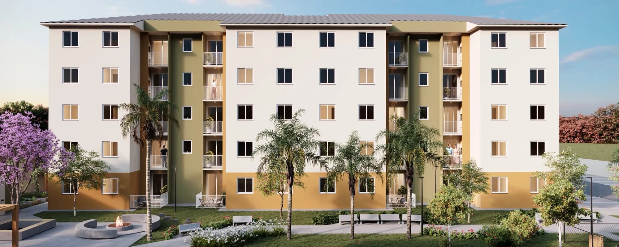 Fachada renderizada de bloco residencial do Baviera, com sacadas e paisagismo