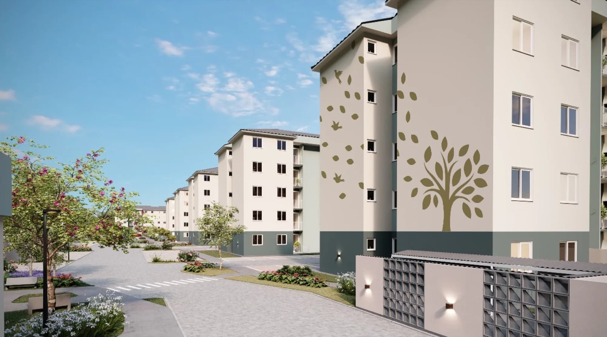Fachada de blocos residenciais do Bosque da Figueira com mural de árvore pintado e jardim florido