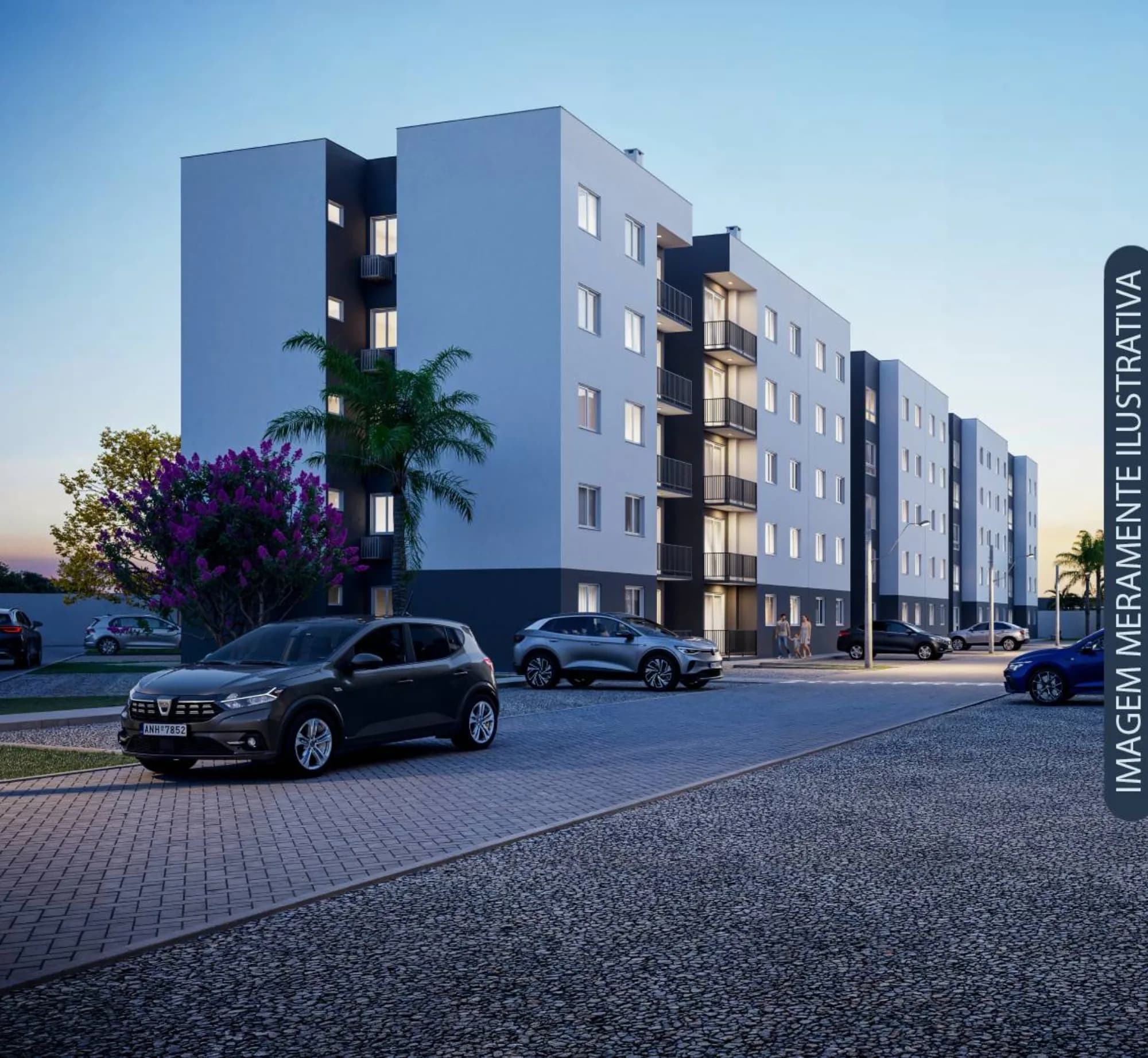 Fachada renderizada dos blocos de apartamentos do Jardim dos Ipês ao entardecer