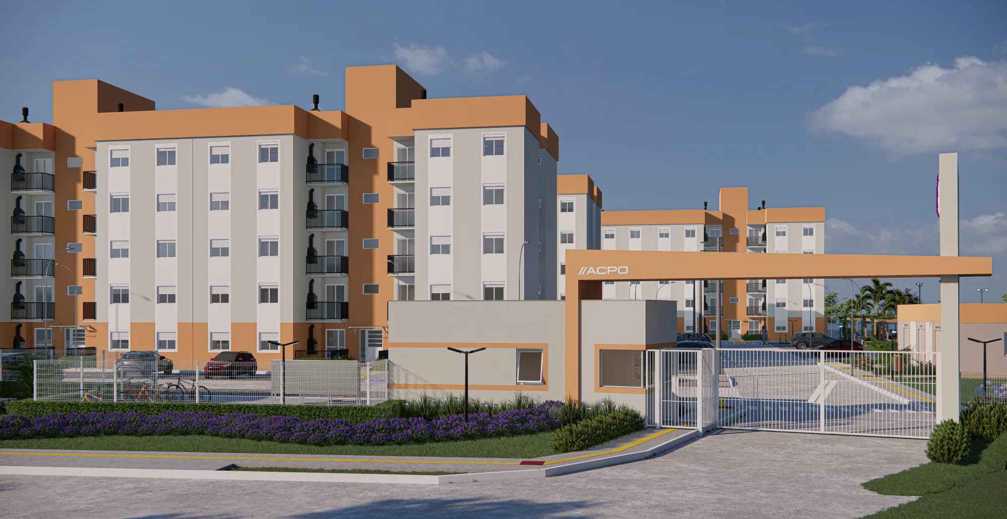 Portaria renderizada do condomínio JOY 2 com guarita e portão de acesso