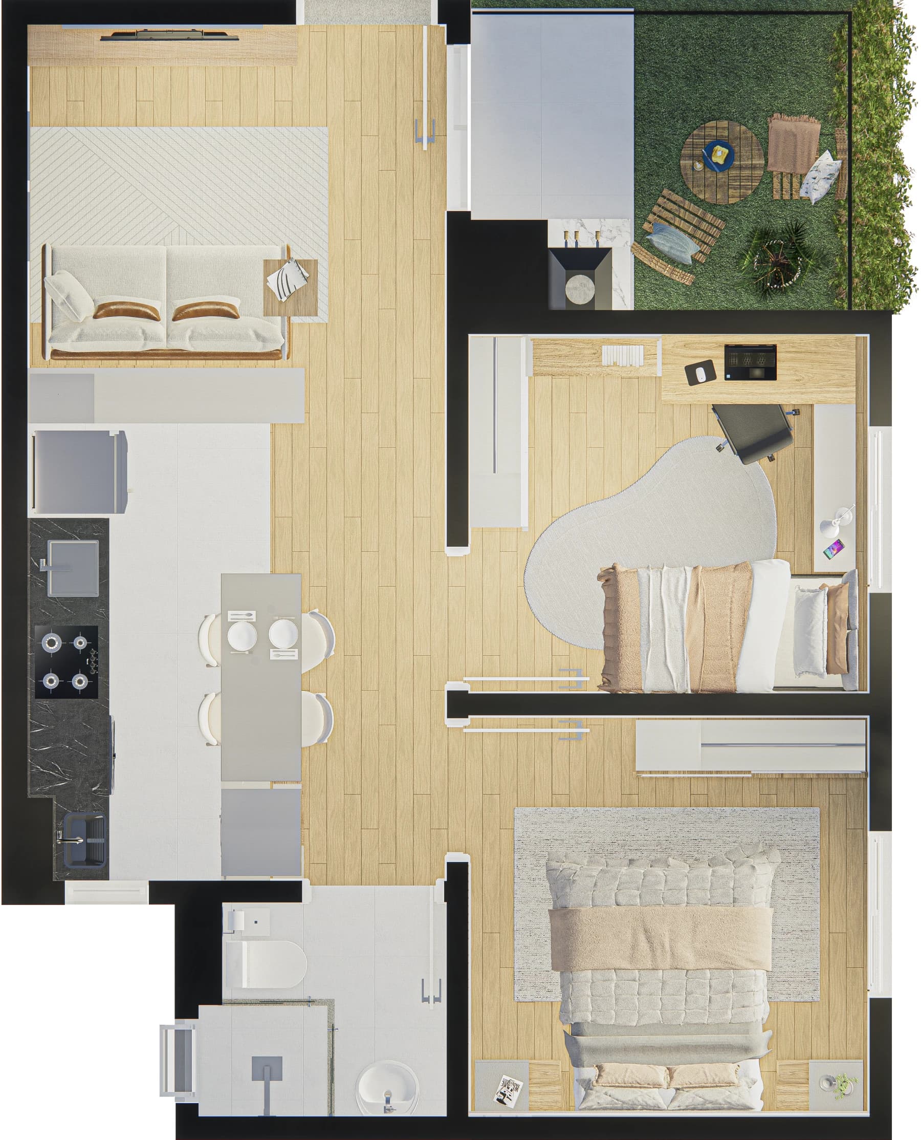 Planta baixa de apartamento Garden térreo com 2 dormitórios, sala de estar e jantar, cozinha integrada, banheiro social e área externa privativa gramada