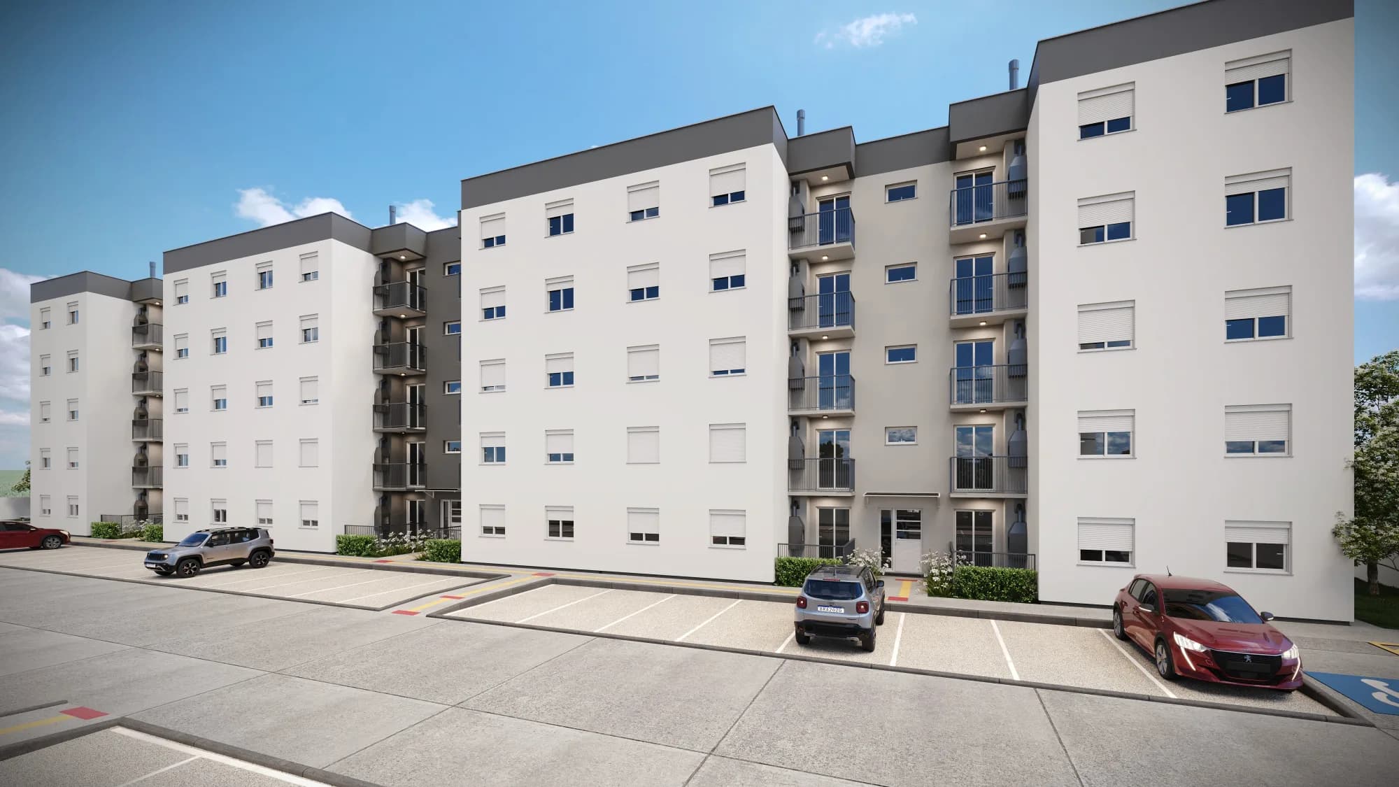 Fachada renderizada dos blocos de apartamentos do JOY Residence com vagas de estacionamento