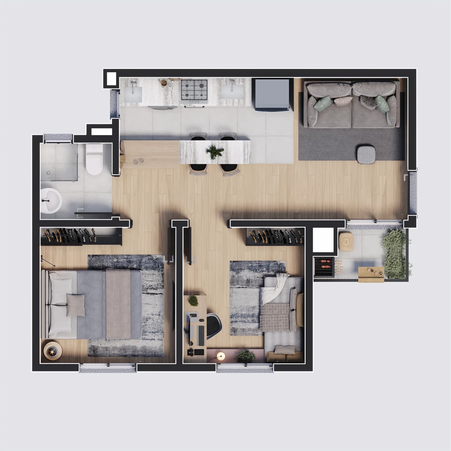 Planta baixa de apartamento de 2 dormitórios com cozinha integrada à sala de estar e jantar, banheiro social e sacada