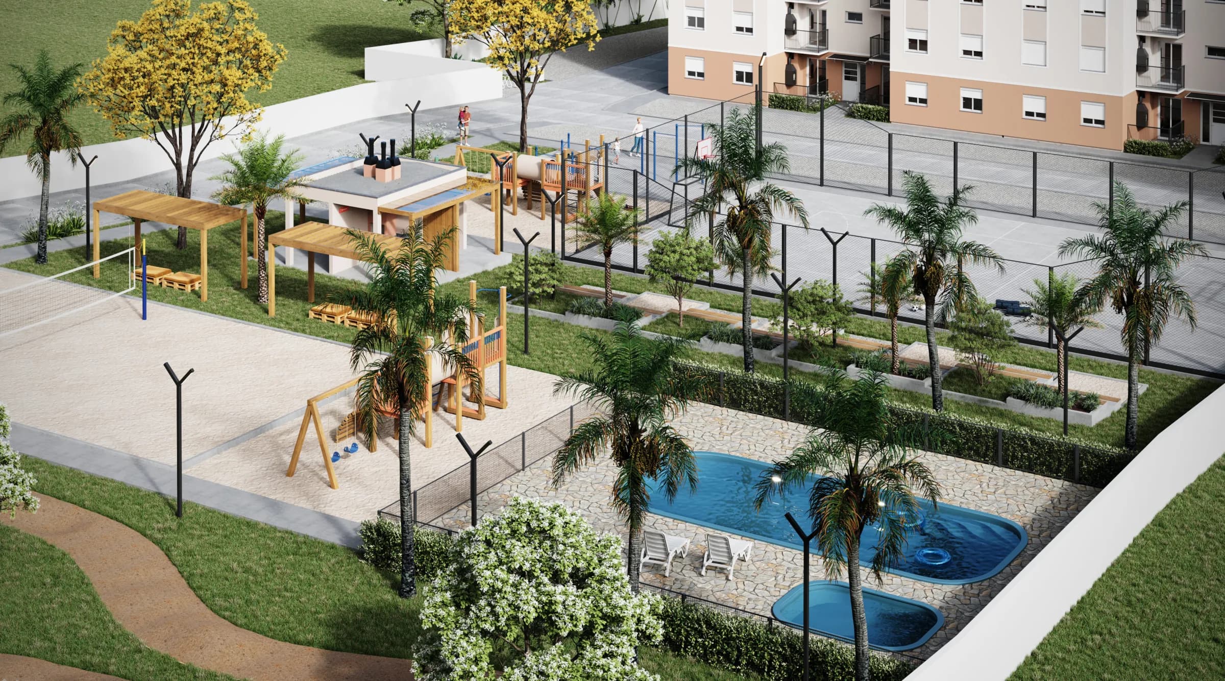 Vista aérea renderizada das piscinas e do paisagismo do MOOV 2º Ato