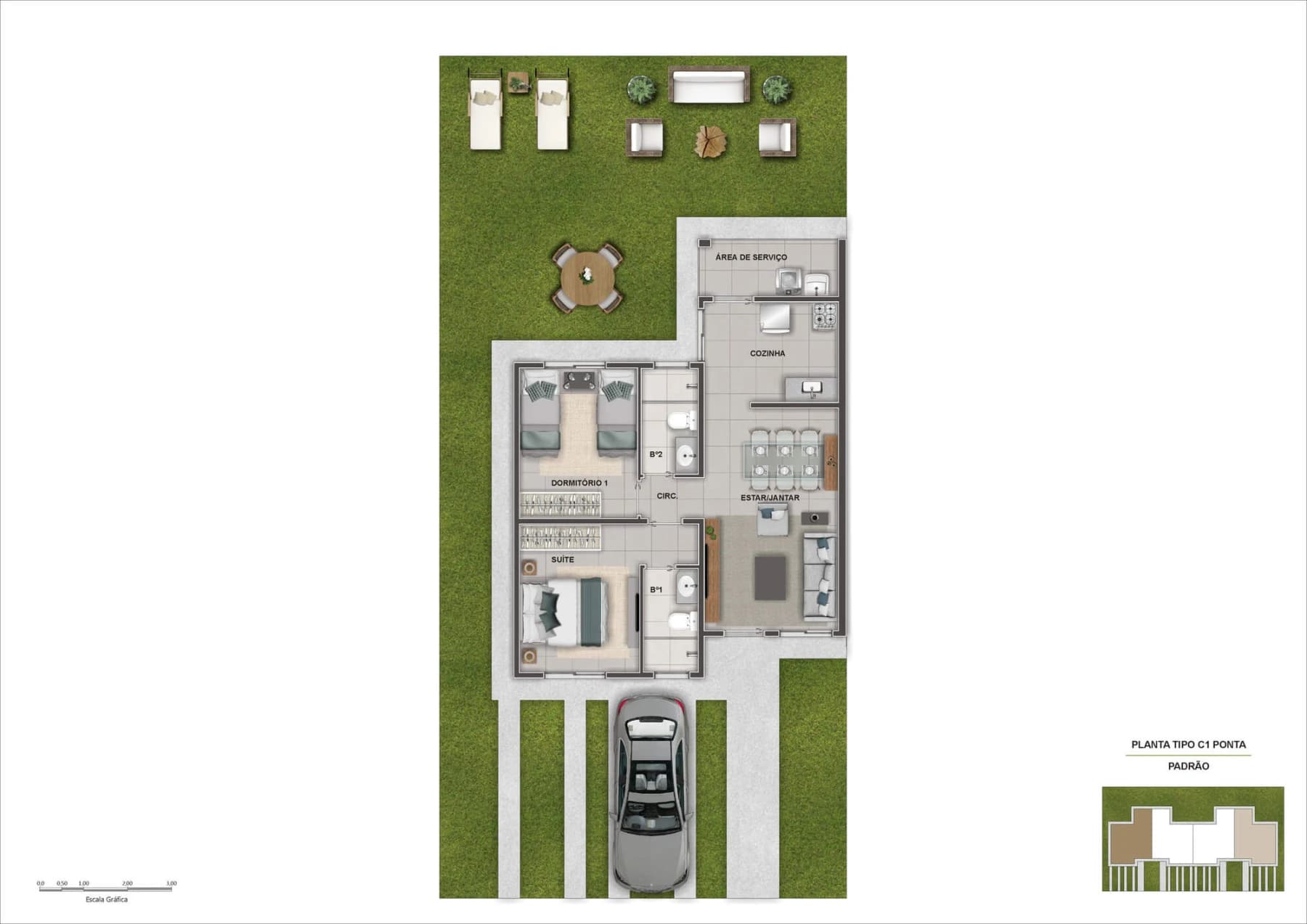 Planta baixa da casa R60 Ponta com dois dormitórios, suíte, sala de estar e jantar integrada, cozinha e pátio com churrasqueira