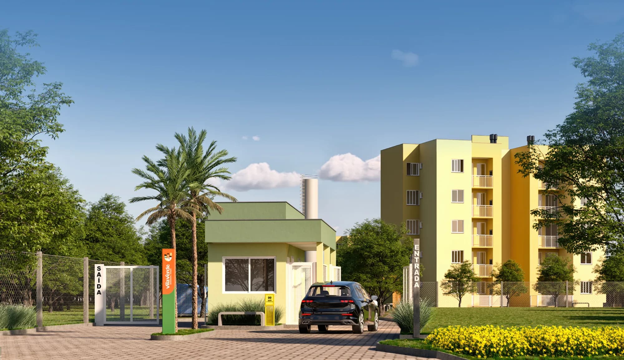 Guarita de entrada e saída do condomínio Vila Verde Residencial Parque com fachada ao fundo