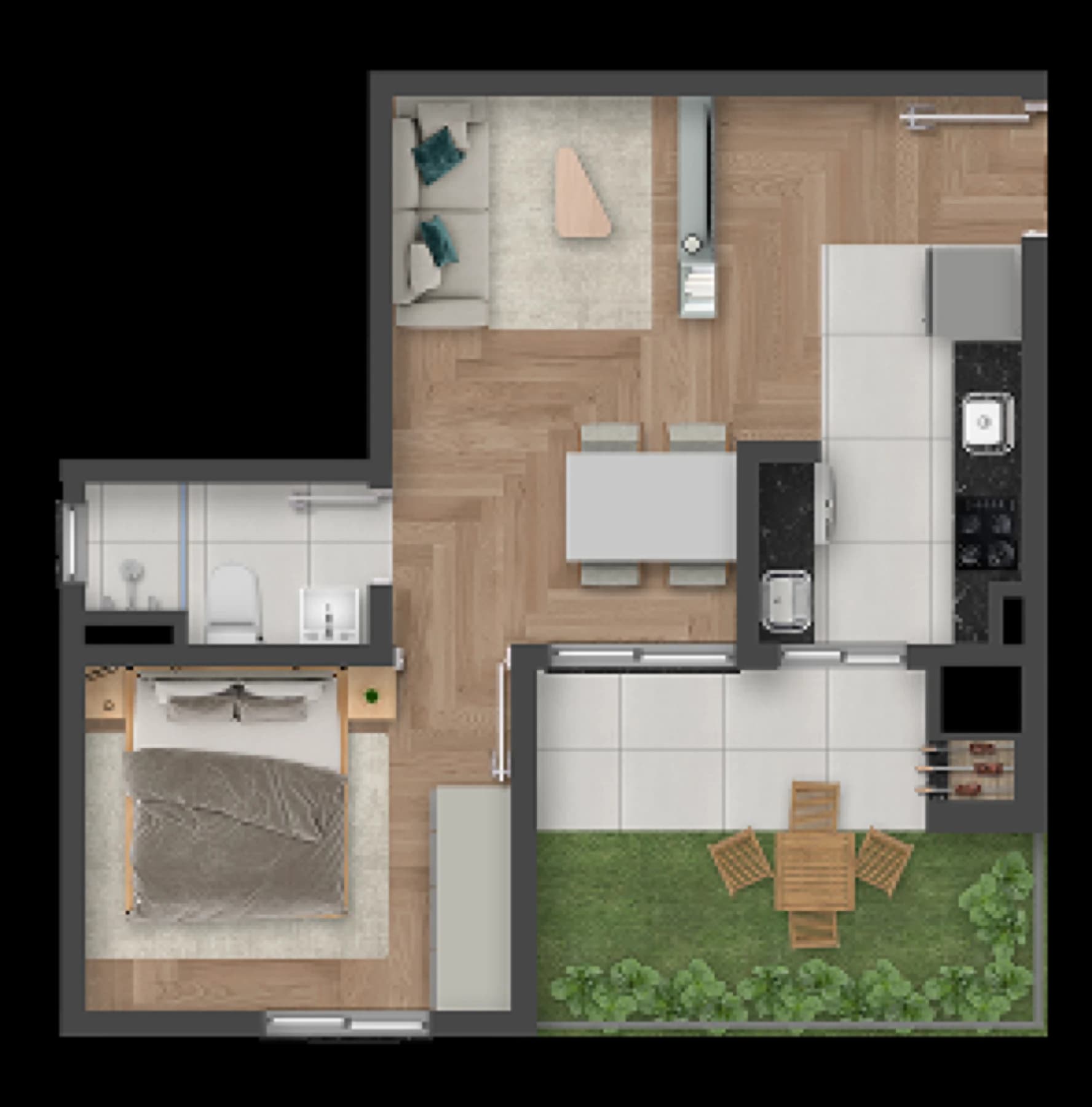 Planta baixa de apartamento com 1 dormitório, banheiro, cozinha integrada à sala de estar e jantar, e jardim privativo com mesa e cadeiras externas