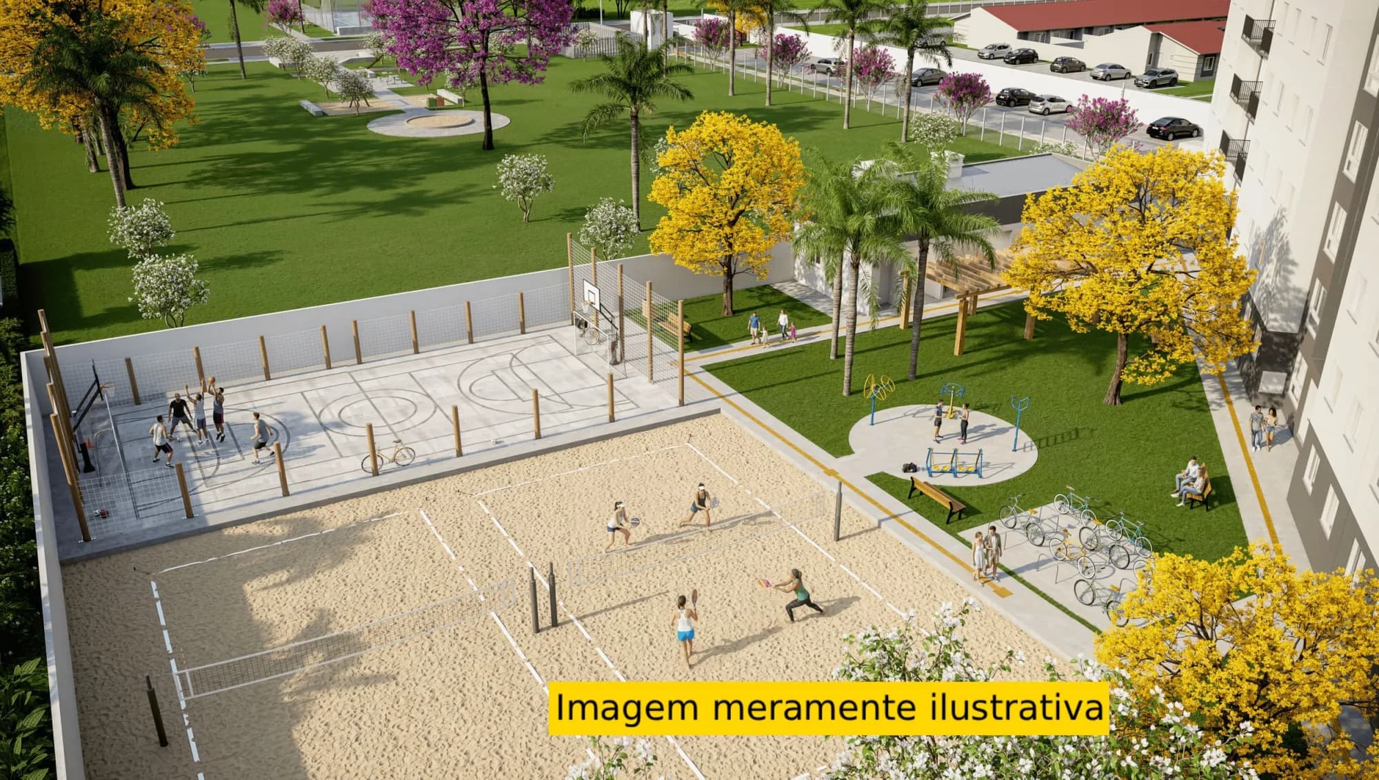 Vista aérea renderizada de quadra poliesportiva, quadra de vôlei de areia, academia ao ar livre e playground cercados por árvores floridas