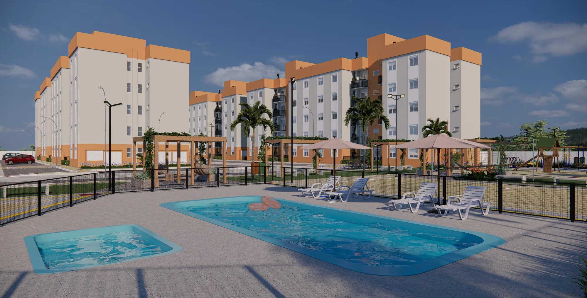 Duas piscinas renderizadas lado a lado em deck de pedra, com espreguiçadeiras, pergolados e playground ao fundo entre os blocos