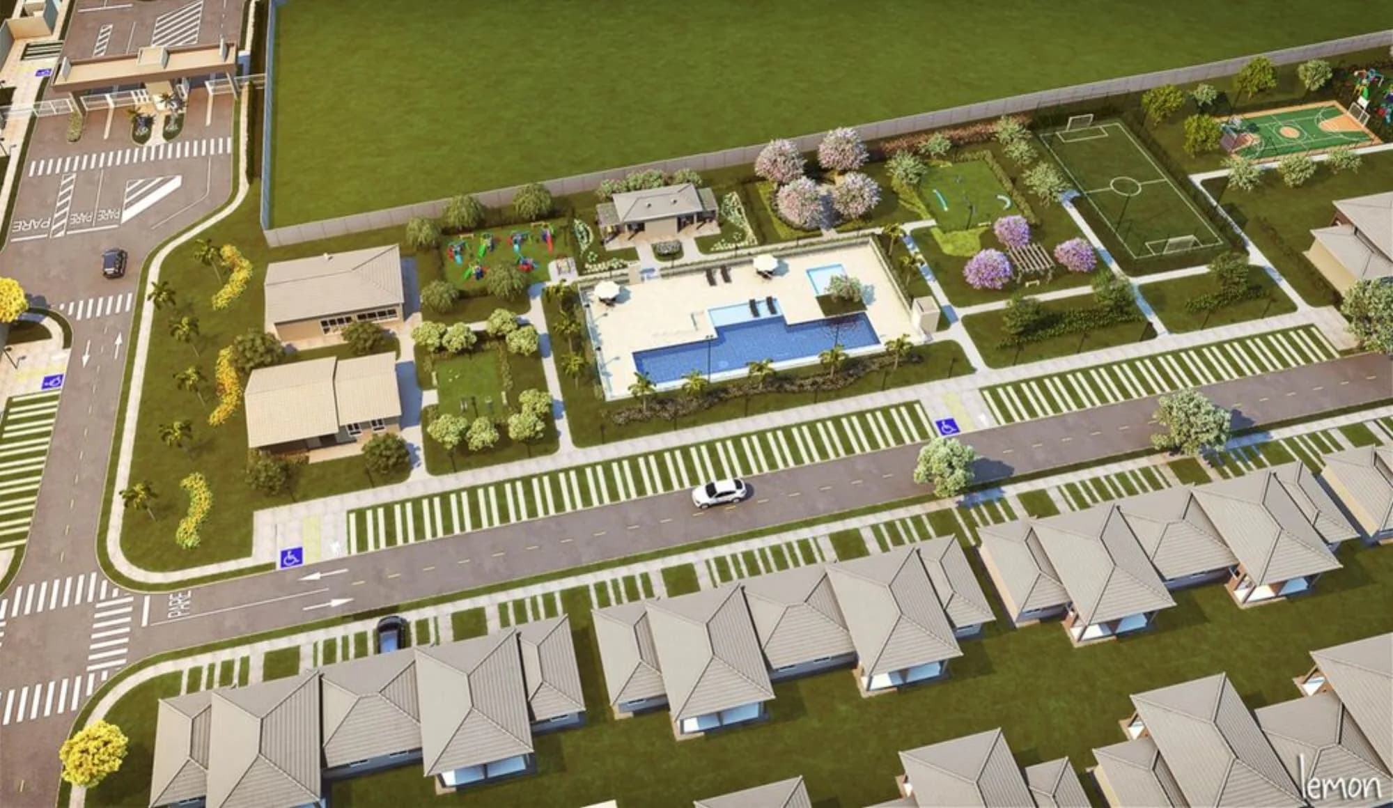 Vista aérea renderizada do condomínio mostrando casas geminadas, piscinas, quadra e área de lazer entre as ruas internas