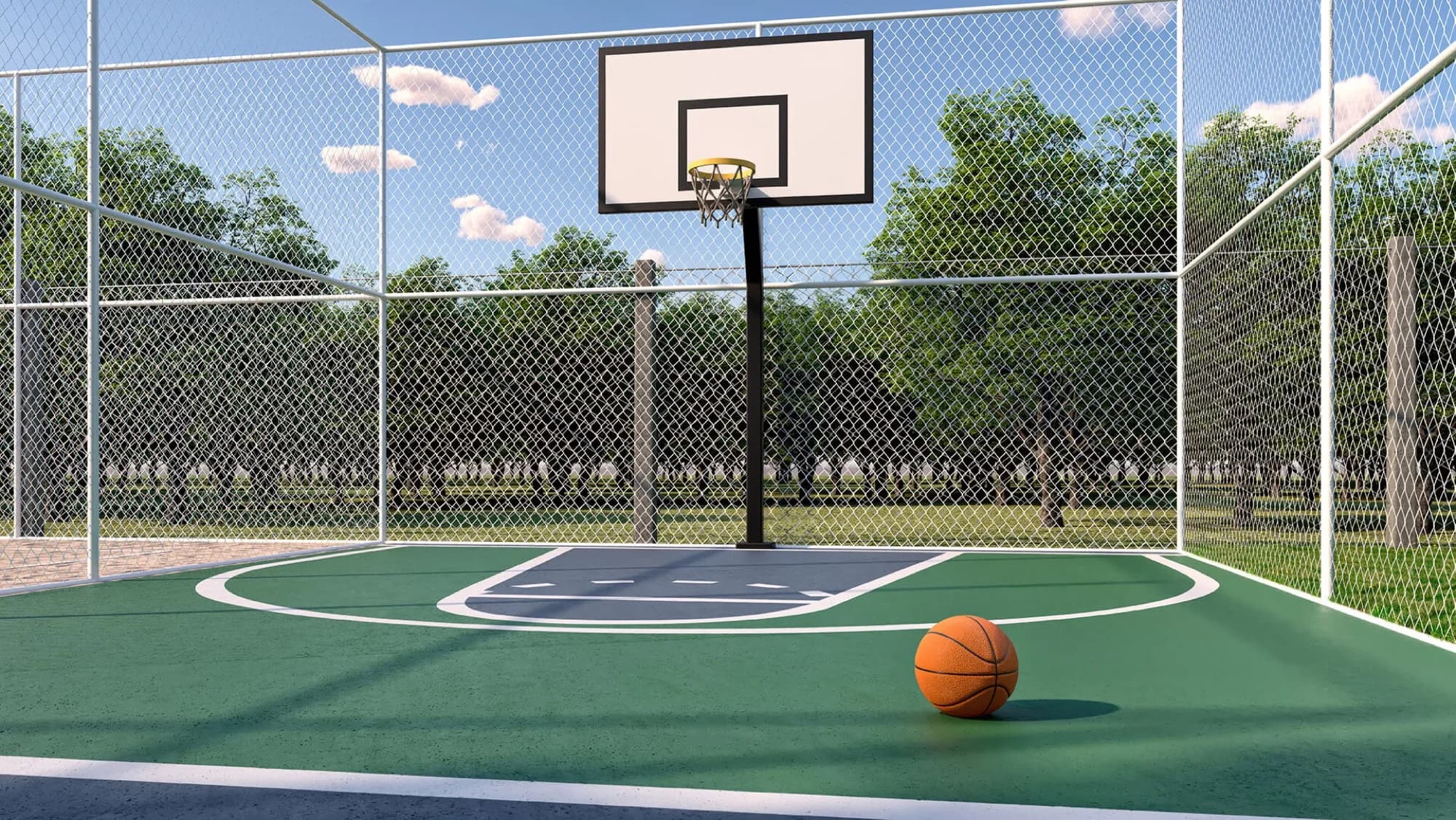Quadra poliesportiva renderizada com cesta de basquete, bola no chão e cercamento em tela ao redor
